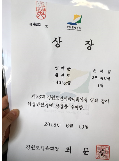 윤예림 학생 강원도민체전 41kg급 여자 일반부 우승